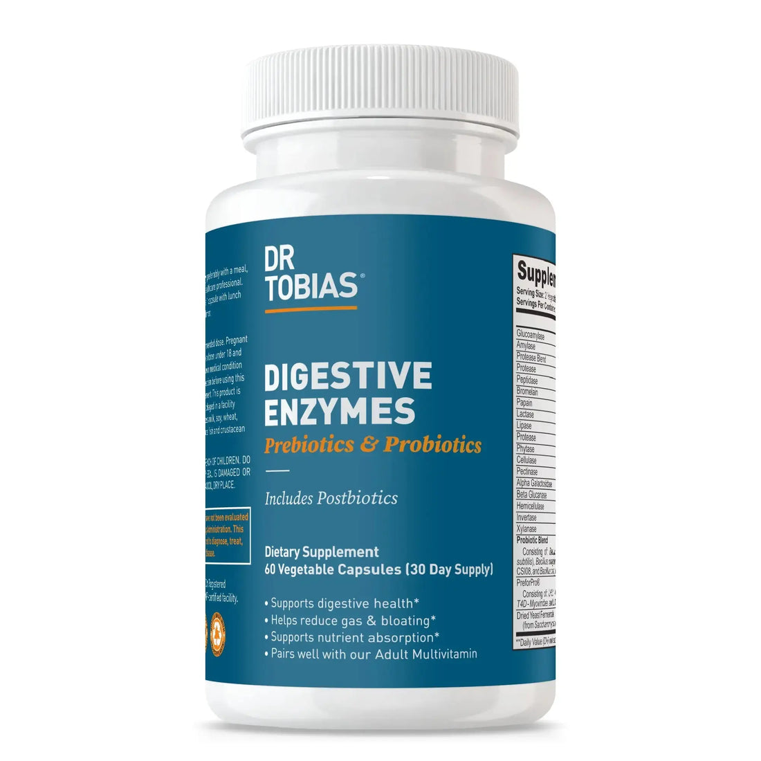 Dr. Tobias Digestive Enzymes - 120 Capsules, 60 Servings (2 Daily) | Includes Probiotics, Prebiotics and Postbiotics Bromelain, Amylase, Lipase, for Better Digestion &amp; Immune Function.
