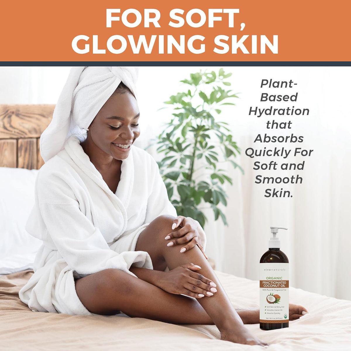 Woman moisturizing her leg with Viva Naturals Organic Fractionated Coconut Oil for skin and hair, promoting hydration and glow.