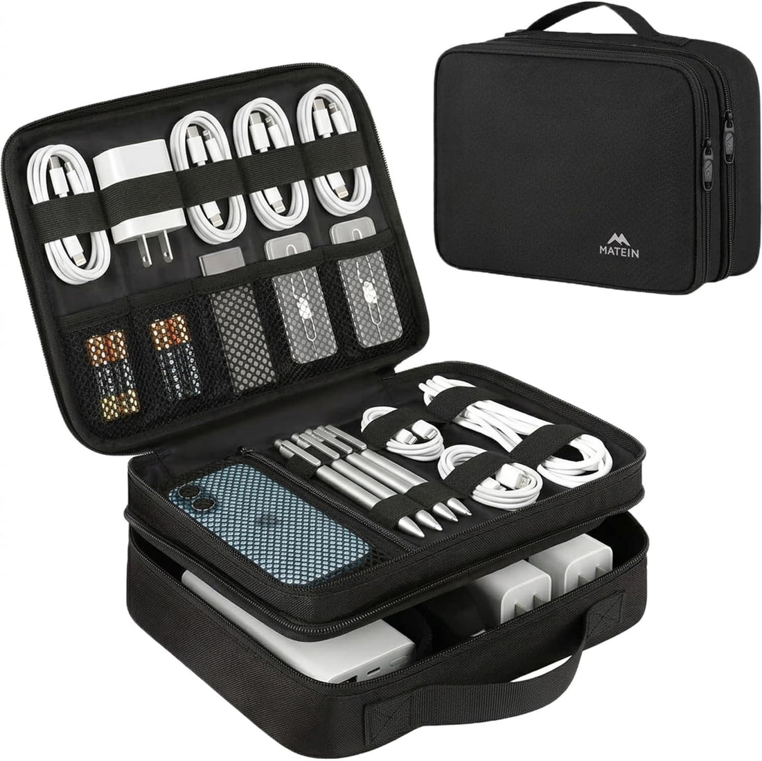 MATEIN Electronics Organizer Travel Case, Water Resistant Cable Organizer Bag for Travel Essentials, Gifts for Men, Storage Bag for Camera Accessories, Phone, Cord &amp; Tablet, Black