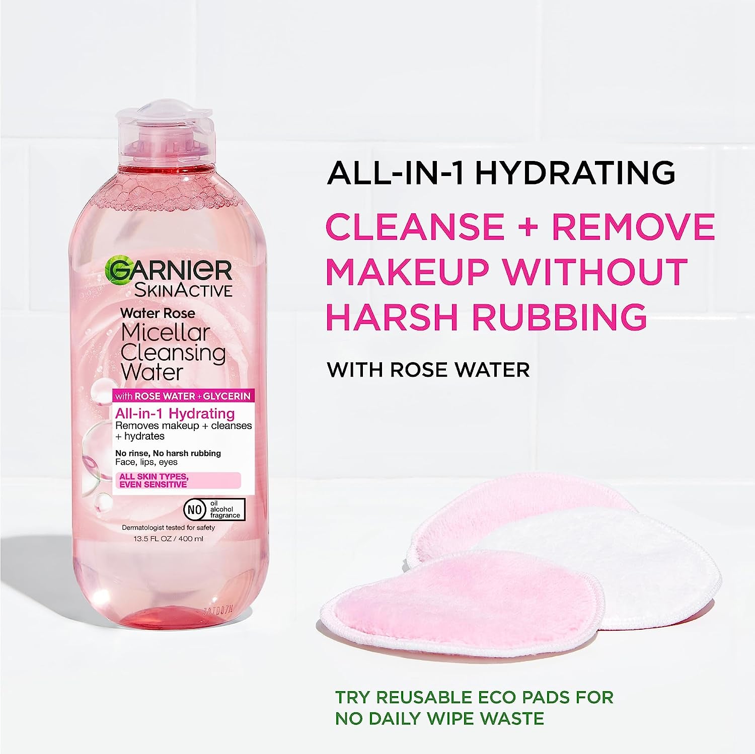 Micellar Water with Rose Water and Glycerin, Hydrating Facial Cleanser &amp; Makeup Remover, for All Skin Types, Vegan, Cruelty Free, 13.5 Fl Oz (400Ml), 1 Count