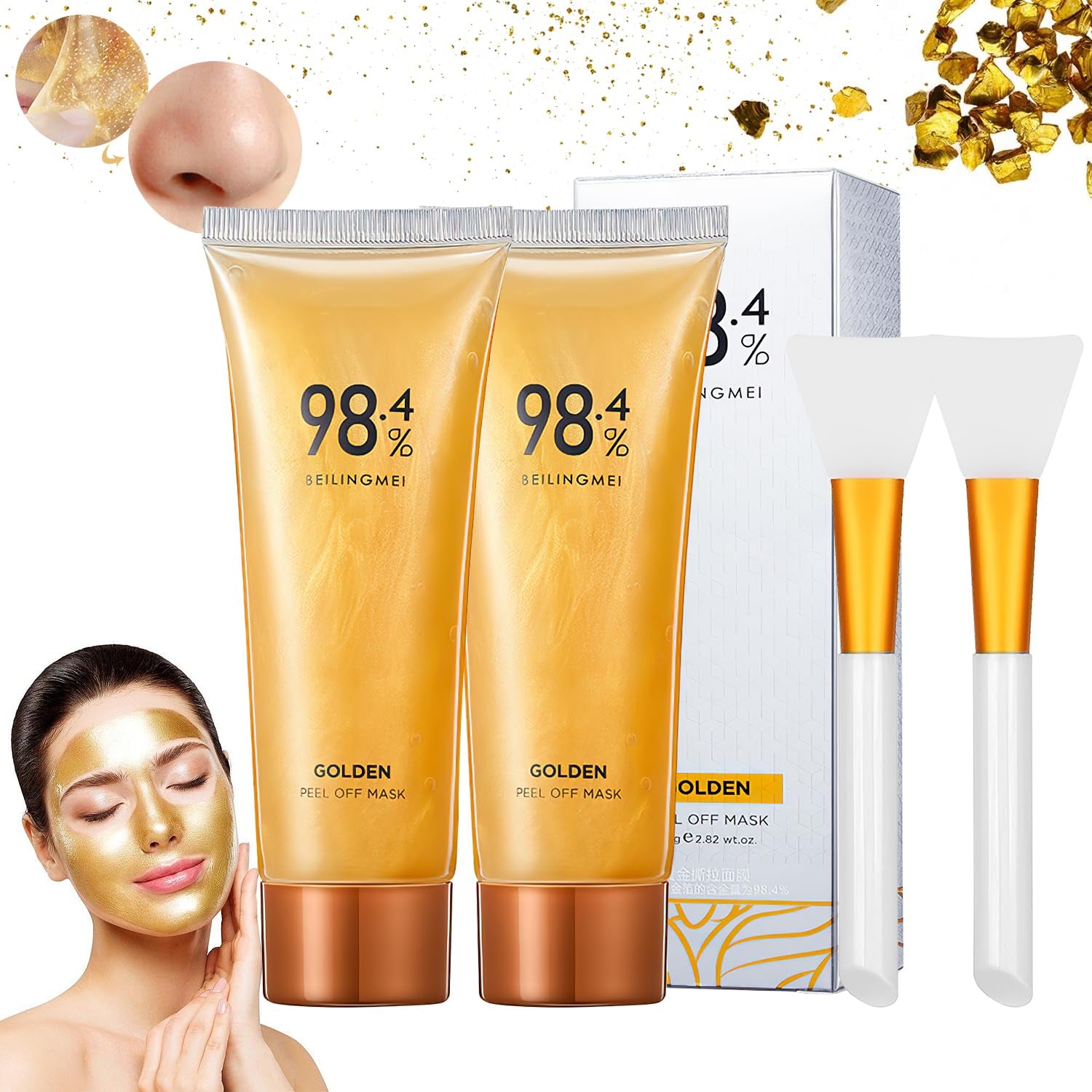 Rednow Gold Foil Peel-Off Mask,Gold Peel off Face Mask Anti-Wrinkle,98.4% Golden Peel off Mask,Anti-Aging Gold Face Mask for Moisturizing,Removes Blackheads,Reduces Fine Lines,Cleans Pores(2Pcs)
