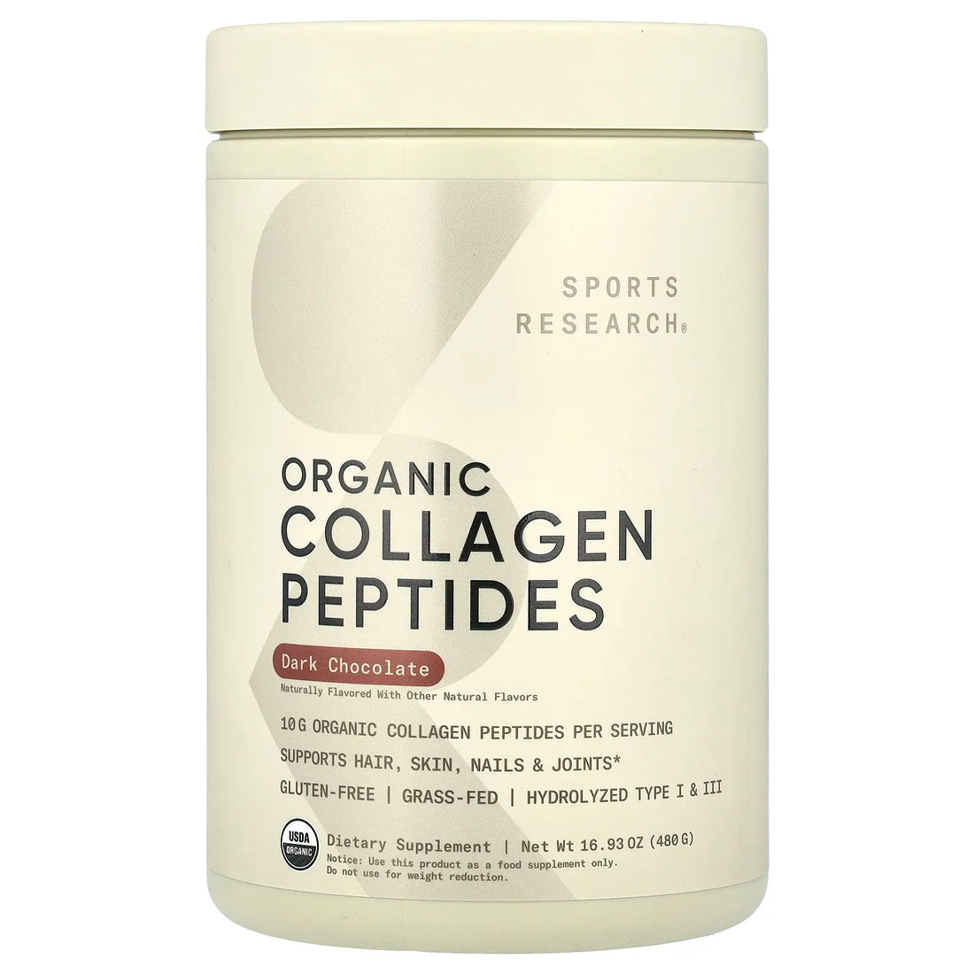 Sports Research Organic Collagen Peptides, Dark Chocolate, 16.93 Oz (480 G)