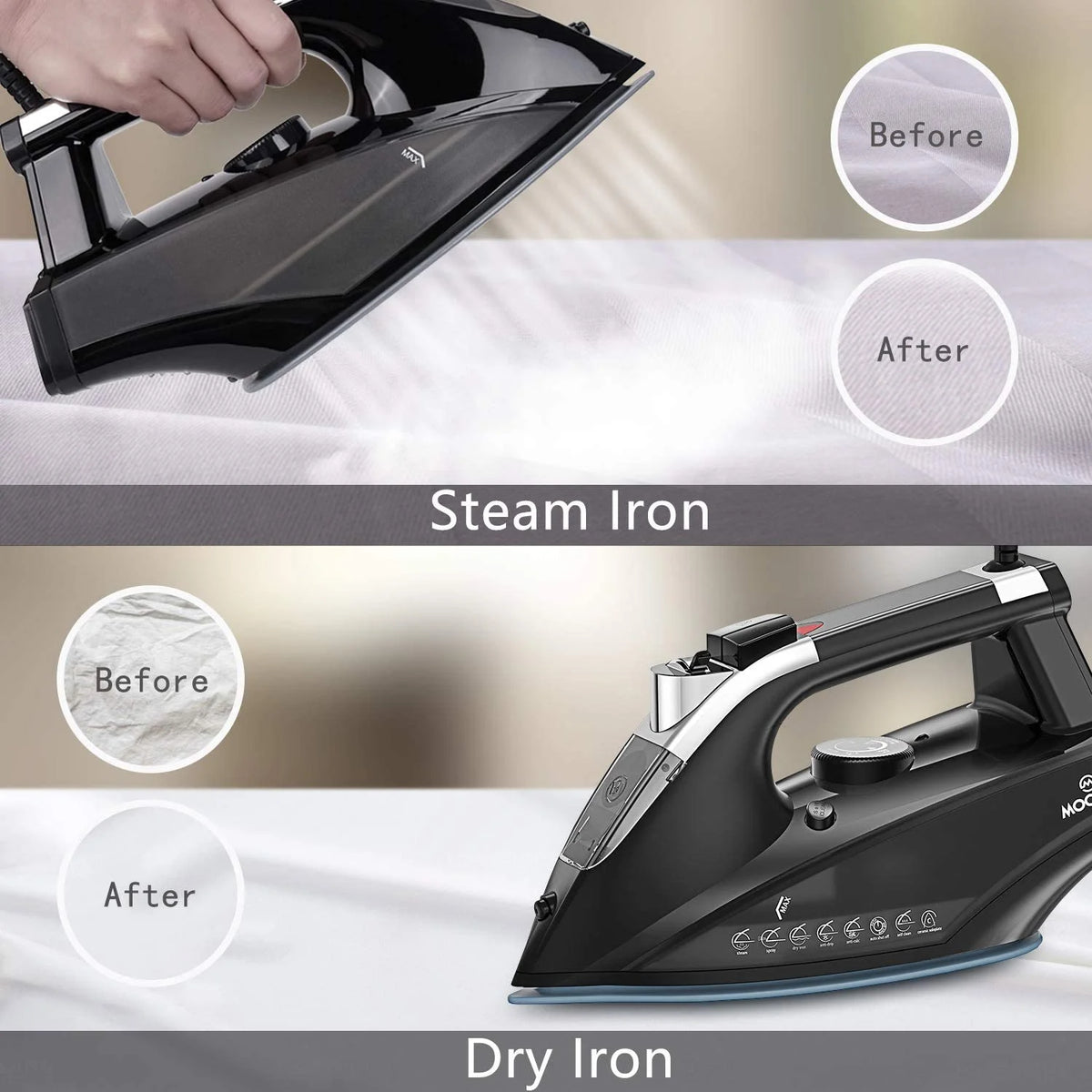 1800W steam iron with anti-drip system steam and dry ironing before and after comparison of results.