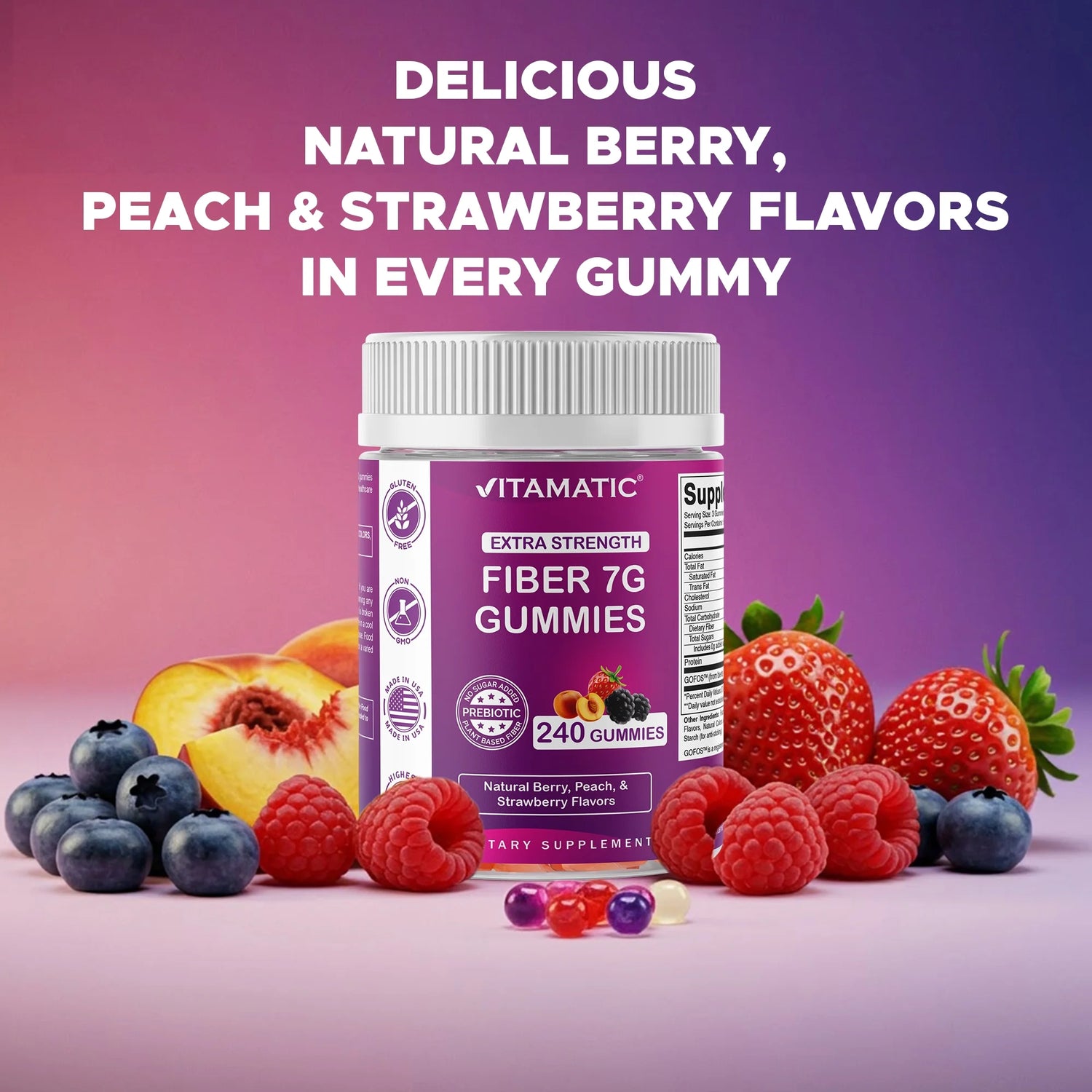 Prebiotic Fiber Gummies for Adults, 7G Extra Strength, Zero Sugar Added, 240 Pectin Based Gummies, Digestive Health &amp; Regularity Support