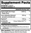 Supplement Facts for gut health dietary supplement with Apple Cider Vinegar, Inulin, and Lactobacillus.