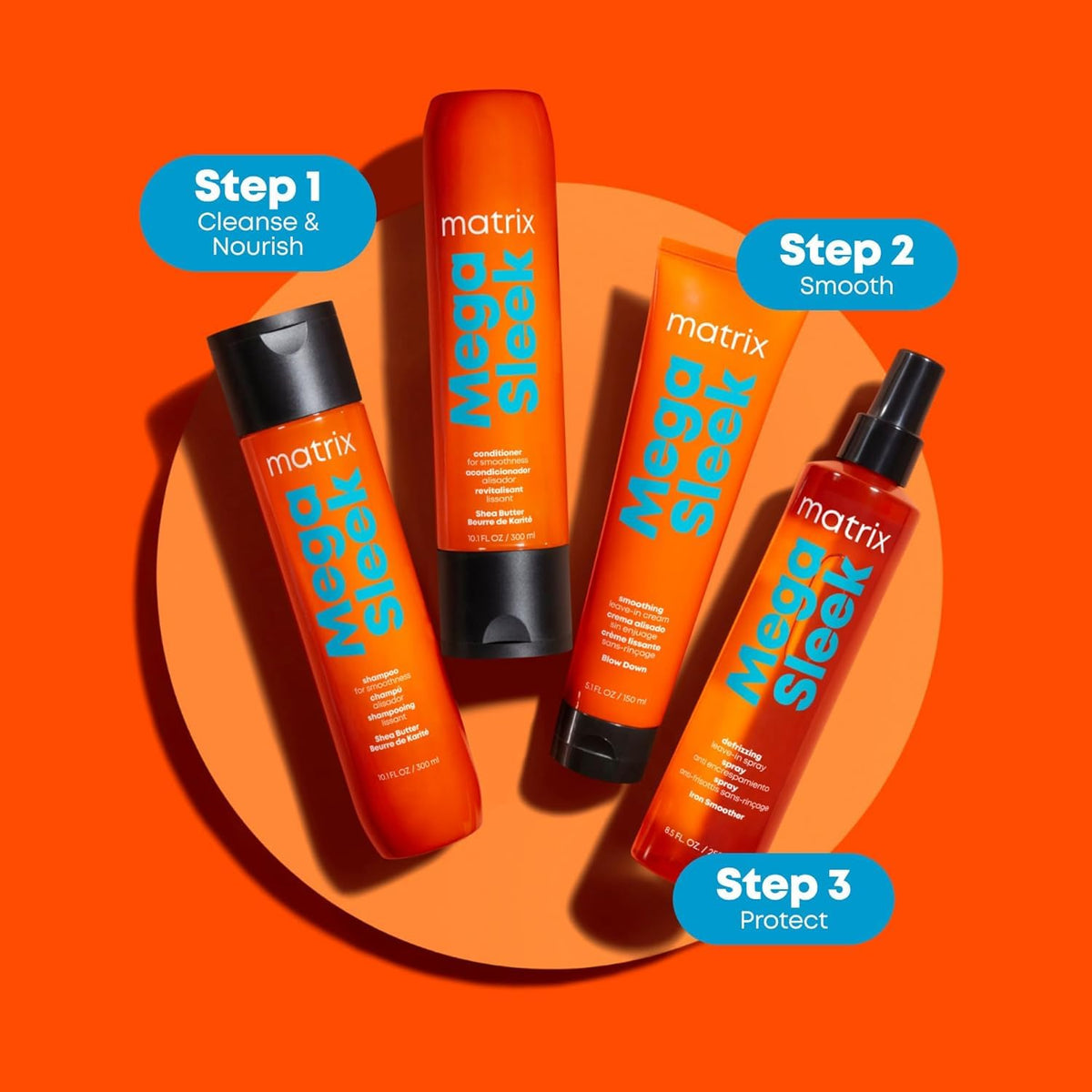 Matrix Mega Sleek Shampoo and Conditioner Set - Smoothing and Moisturizing, Anti-Frizz, Detangling, for All Dry, Damaged &amp; Frizzy Hair Types, Nourishes with Shea Butter, Vegan