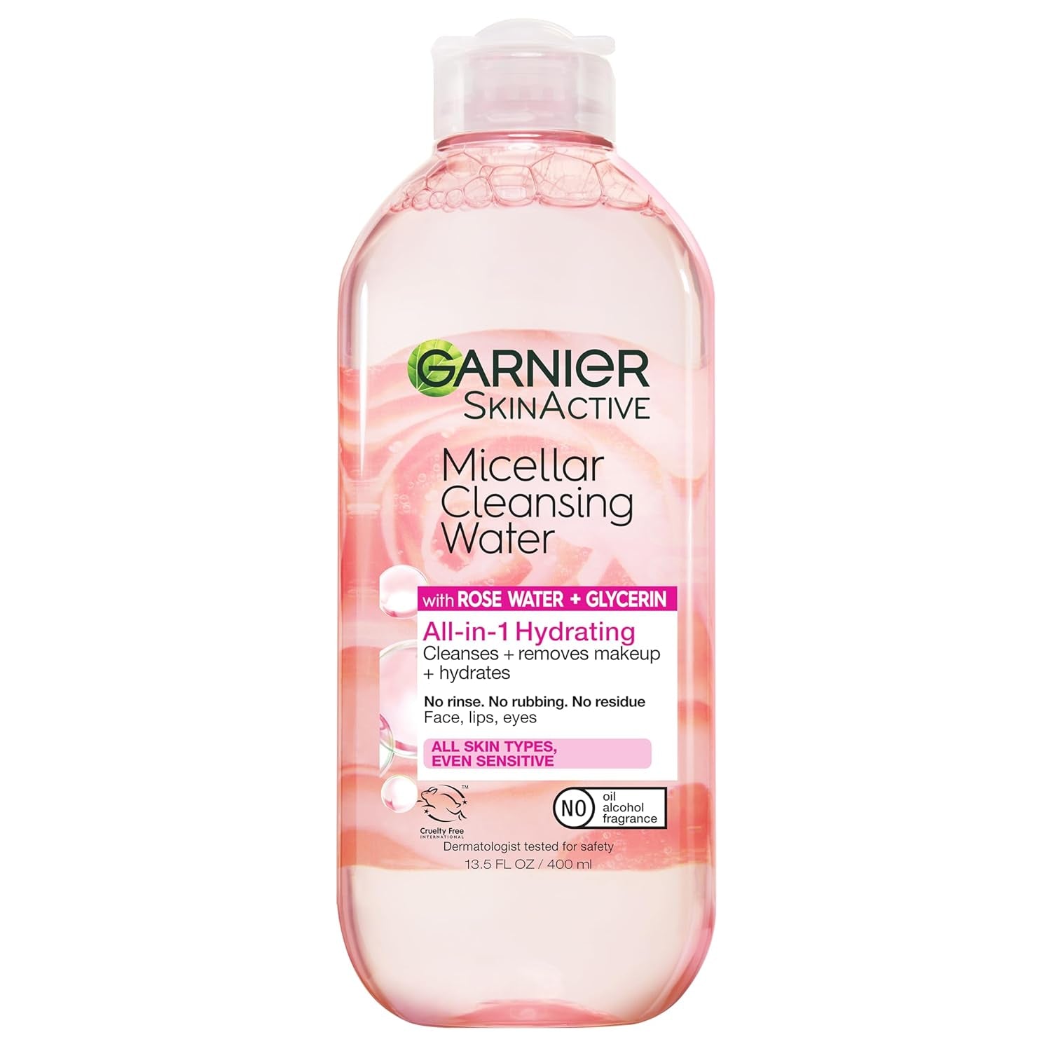 Micellar Water with Rose Water and Glycerin, Hydrating Facial Cleanser &amp; Makeup Remover, for All Skin Types, Vegan, Cruelty Free, 13.5 Fl Oz (400Ml), 1 Count