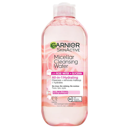 Micellar Water with Rose Water and Glycerin, Hydrating Facial Cleanser &amp; Makeup Remover, for All Skin Types, Vegan, Cruelty Free, 13.5 Fl Oz (400Ml), 1 Count