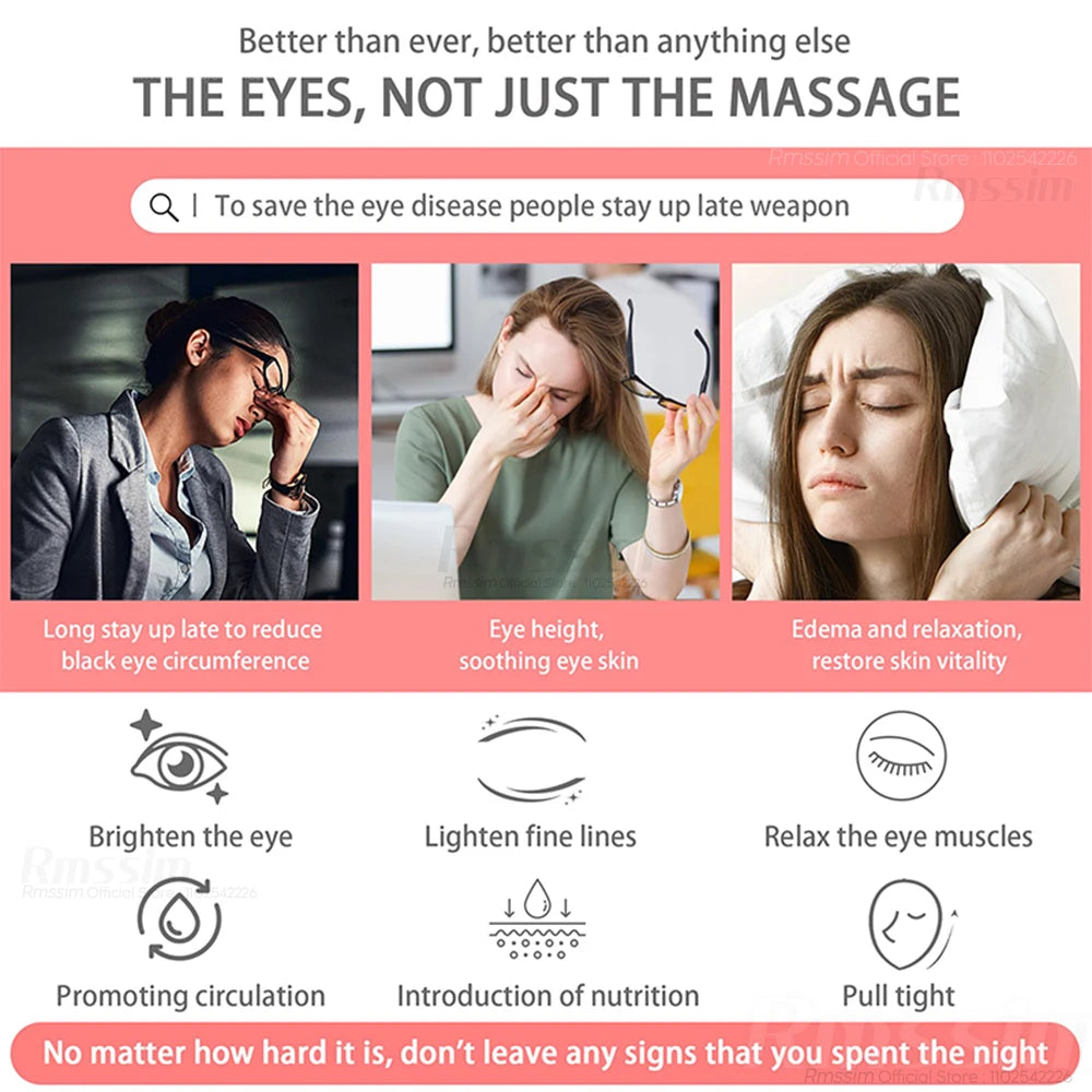 Eye Massager 3D Red Light EMS benefits for eye fatigue relief and relaxation, including reducing dark circles and fine lines.