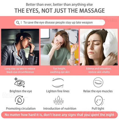 Eye Massager 3D Red Light EMS benefits for eye fatigue relief and relaxation, including reducing dark circles and fine lines.