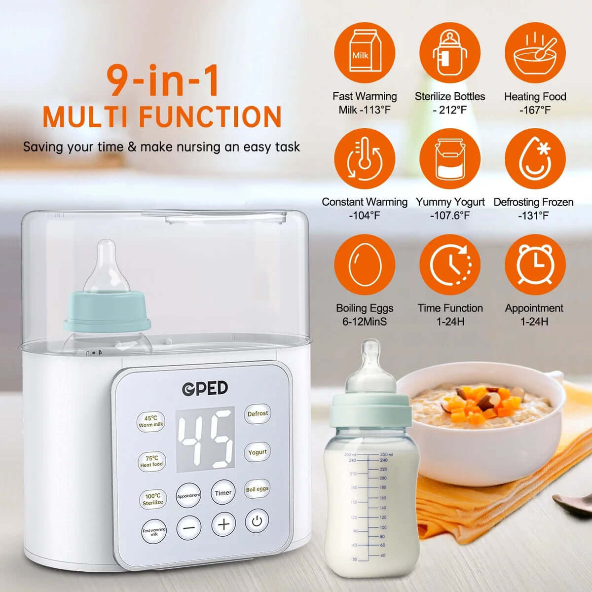 9-in-1 baby bottle warmer with LCD display and multifunction capabilities for heating, sterilizing, and defrosting.