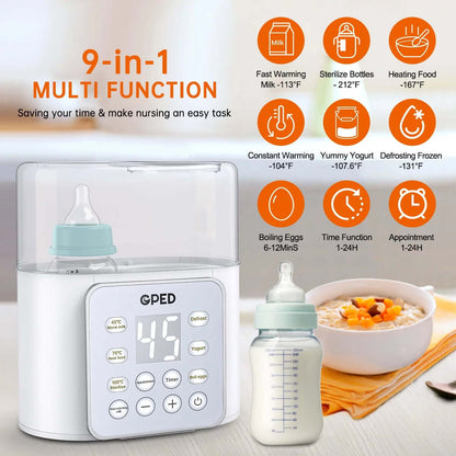 9-in-1 baby bottle warmer with LCD display and multifunction capabilities for heating, sterilizing, and defrosting.