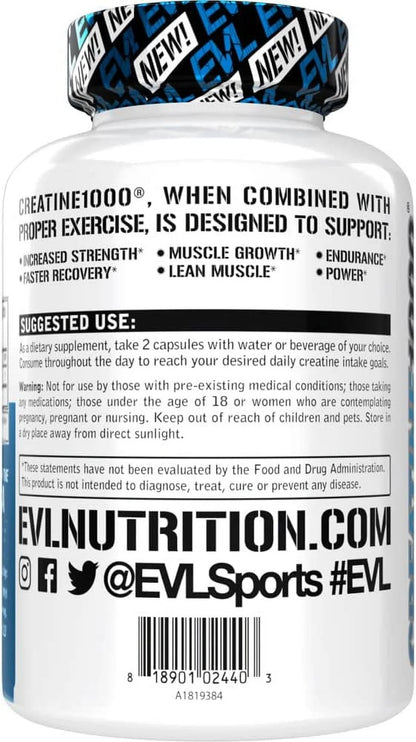 (2 Pack) Creatine Monohydrate Pills 120Ct - EVL Nutrition Muscle Builder &amp; Recovery Supplement - Creatine Capsules 1000Mg