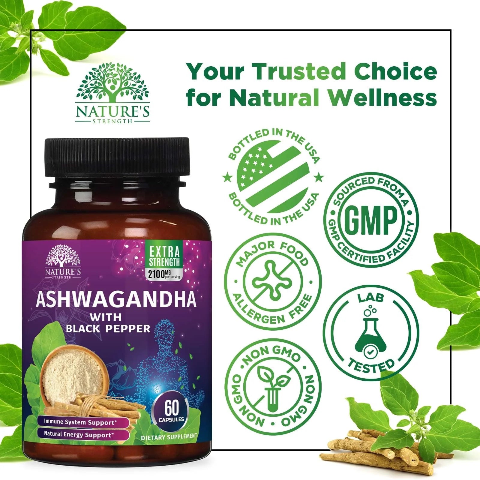 Ashwagandha Supplements - High-Absorption Ashwagandha Root Extract Powder with Black Pepper for Max Absorption - Herbal Supplement for Women &amp; Men, Vegan &amp; Gluten Free, Bottled in USA - 60 Capsules