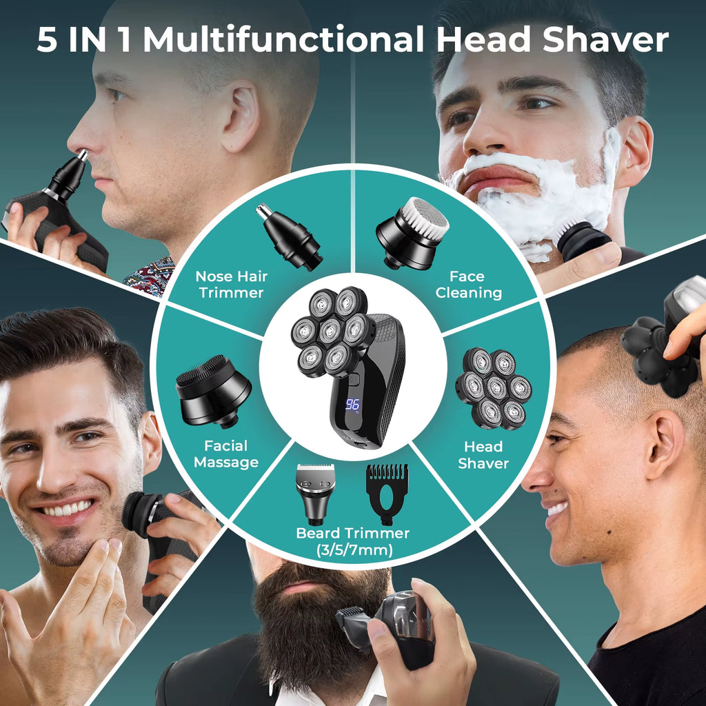 5 in 1 Electric Shaver 7D Floating Cutter Head Rechargeable Shaver Kit for Men IPX6 Waterproof Beard Trimmer Head Shavers
