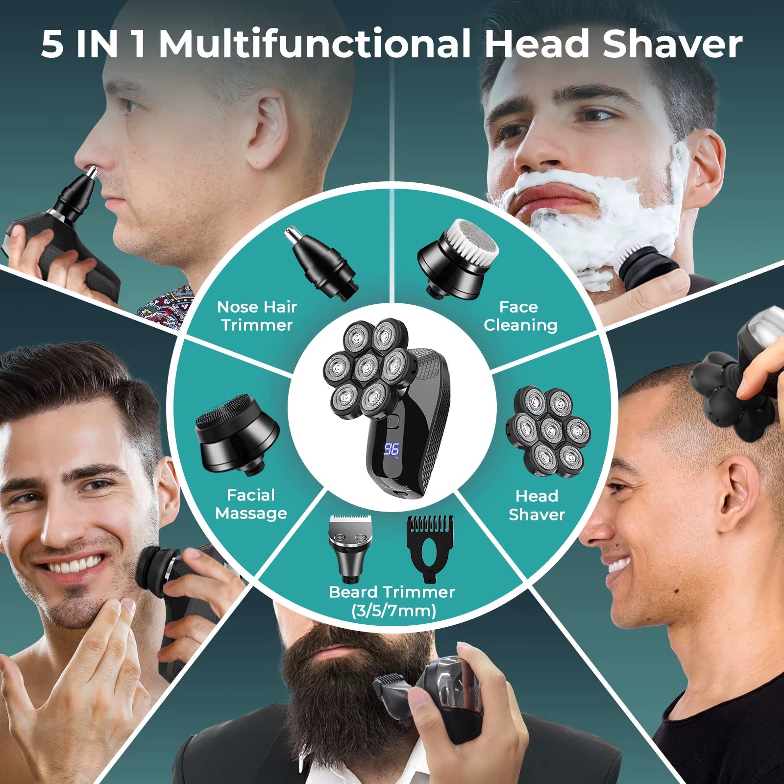 5 in 1 Electric Shaver 7D Floating Cutter Head Rechargeable Shaver Kit for Men IPX6 Waterproof Beard Trimmer Head Shavers