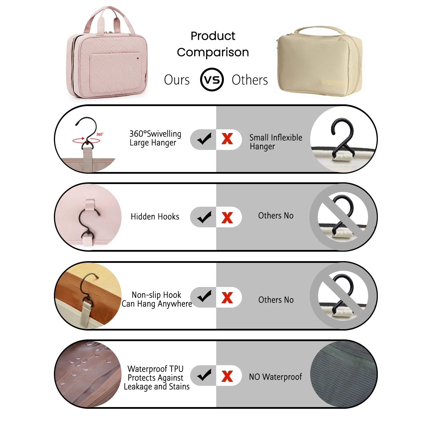 Full Size Toiletry Bag, Makeup Cosmetic Bag with Hanging Hook, Water-Resistant Travel Organizer Bag for Women &amp; Men, Pink