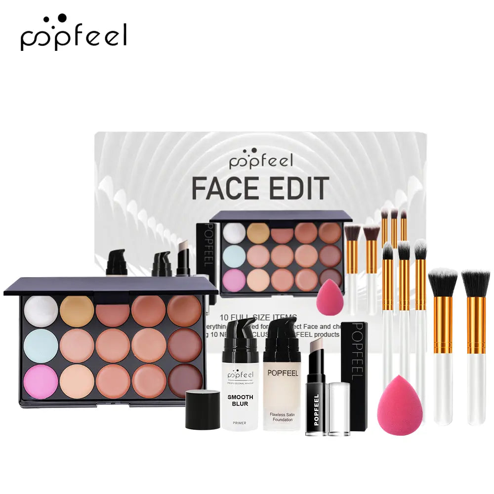 Popfeel Face Makeup Set 10-Piece Kit, Concealer &amp; Primer Cream, Complete Cosmetic Collection for Teen Girls, Includes Brushes, Daily Makeup Kit