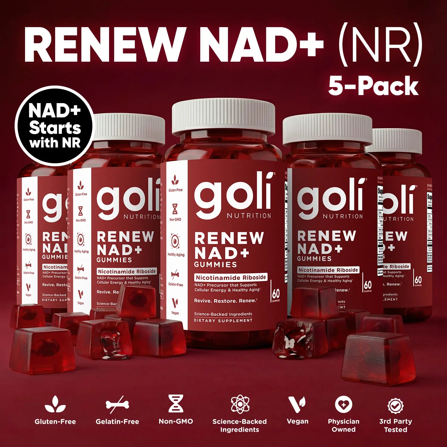 Goli Renew NAD+ (NR) Gummies. Clinically Studied NR Nicotinamide Riboside, Healthy Aging &amp; Cellular Energy. Gluten Free, Non-Gmo, Gelatin-Free, Vegan.