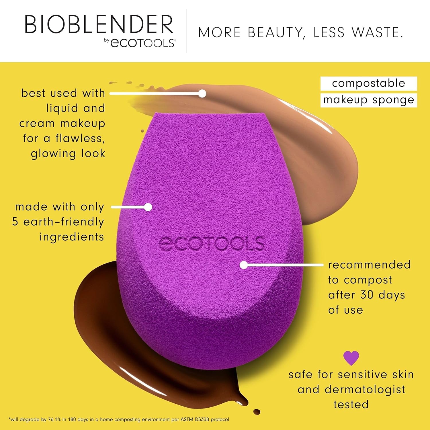 Bioblender Makeup Sponge, Compostable Makeup Blender, for Liquid &amp; Cream Foundation, Sustainable, Seamless Application, Eco-Friendly Beauty Sponge, Cruelty-Free &amp; Latex Free, 1 Count