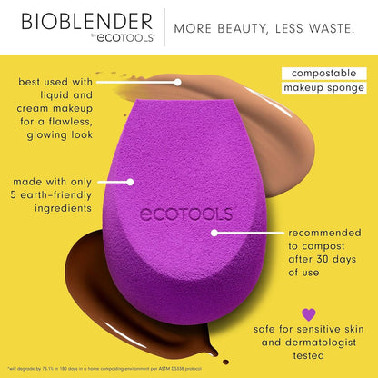 Bioblender Makeup Sponge, Compostable Makeup Blender, for Liquid &amp; Cream Foundation, Sustainable, Seamless Application, Eco-Friendly Beauty Sponge, Cruelty-Free &amp; Latex Free, 1 Count