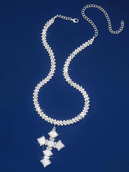 Elegant Luxury Rhinestone Decor Cross Statement Necklace for Women, Gorgeous Matching Necklace, Chic Jewelry for Party, Daily Clothing Decor, Rhinestone Decorated Necklace, Cross Necklaces