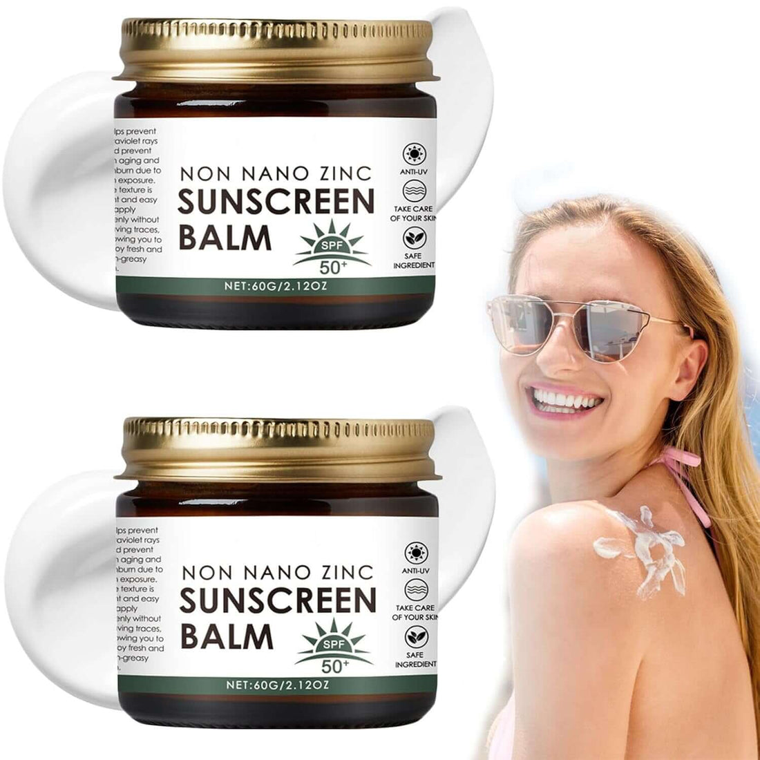 Beef Tallow Sunscreen SPF 50 showcased with jars of non-nano zinc sunscreen balm, perfect for all skin types.