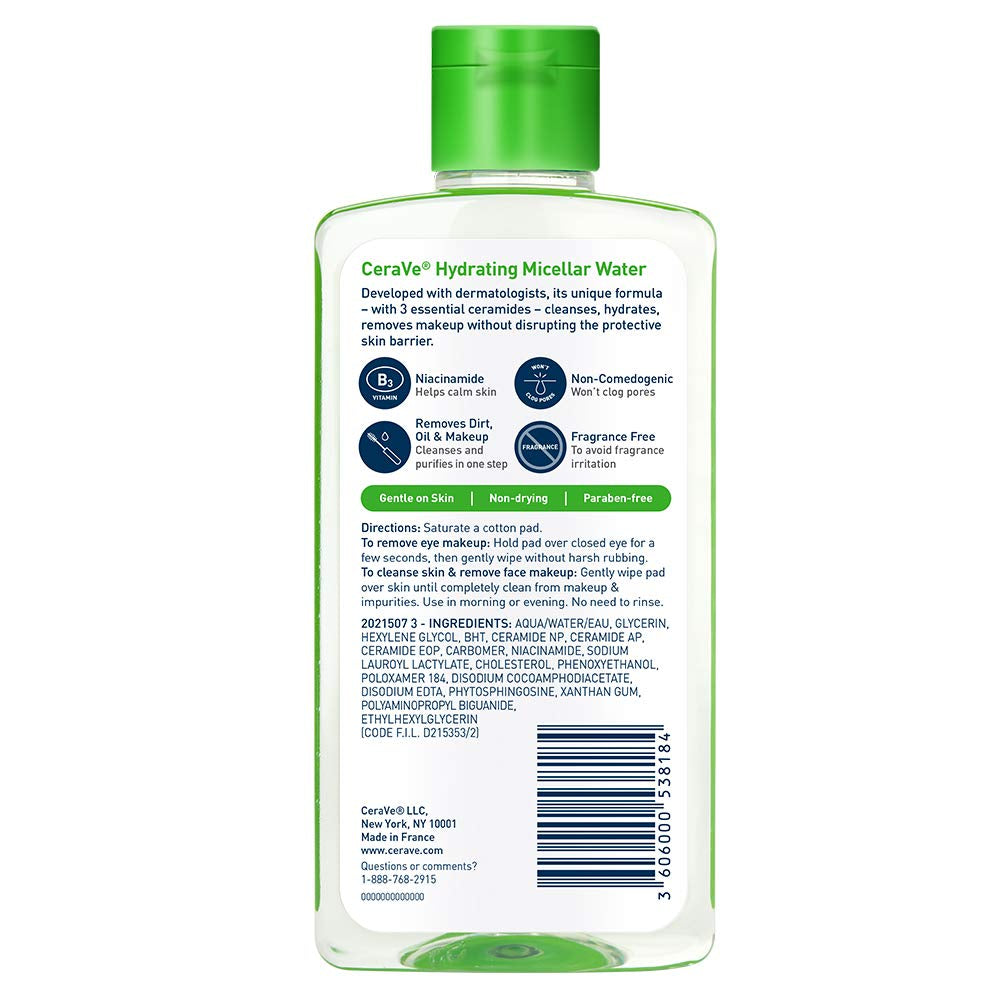 Micellar Water, Hydrating Facial Cleanser &amp; Eye Makeup Remover with Niacinamide, Ceramides &amp; Glycerin, Fragrance-Free &amp; Non-Irritating, 10 Fluid Ounces
