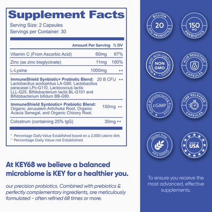 KEY 68 Probiotic Supplement for Men &amp; Women Advanced Organic Pre+Probiotics 20B CFU, Colostrum (25%Igg), Vitamin C,Zinc,L-Lysine–Gut Health &amp; Immune Support–60 Delayed Release Capsule -KEY68 Dietary Supplement
