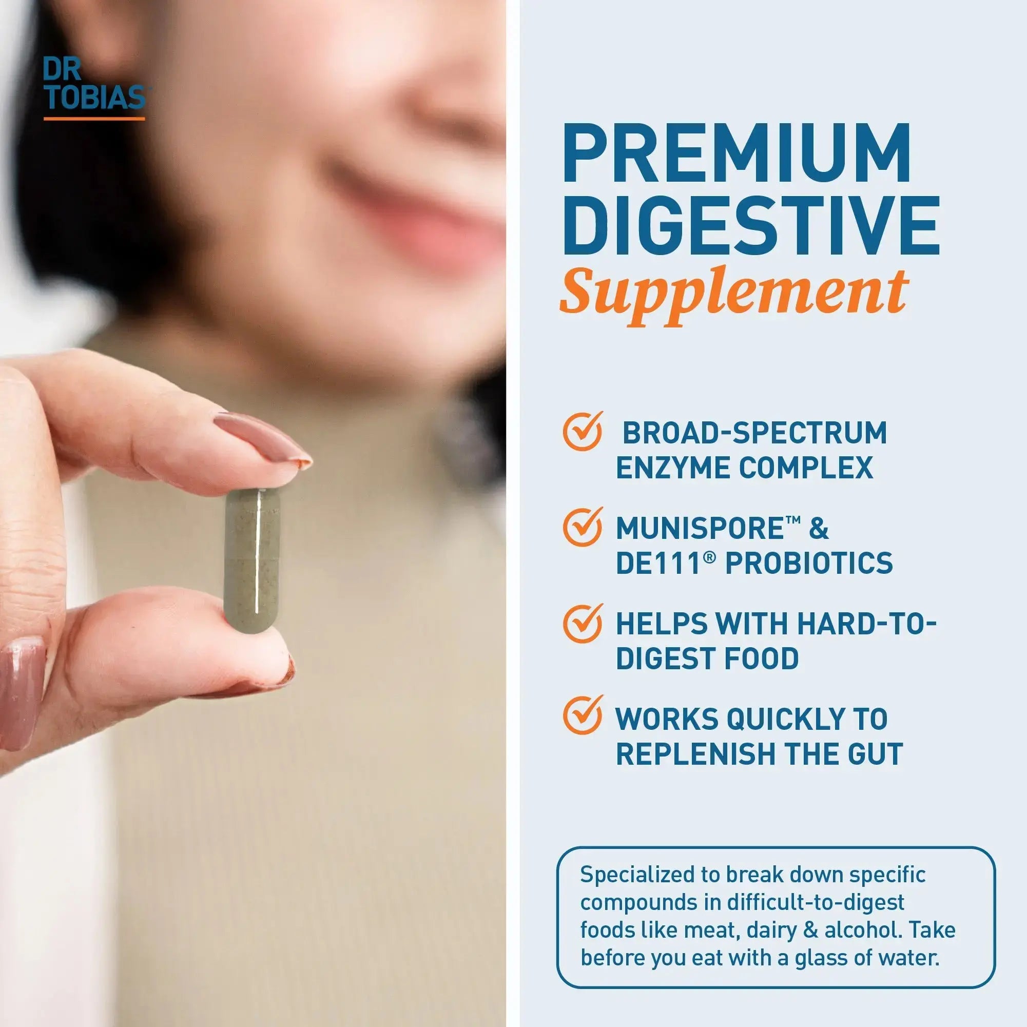 Dr. Tobias Digestive Enzymes - 120 Capsules, 60 Servings (2 Daily) | Includes Probiotics, Prebiotics and Postbiotics Bromelain, Amylase, Lipase, for Better Digestion &amp; Immune Function.