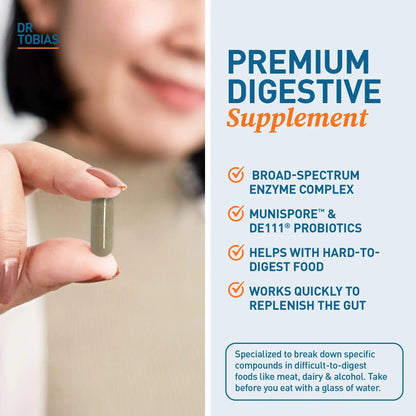 Dr. Tobias Digestive Enzymes - 120 Capsules, 60 Servings (2 Daily) | Includes Probiotics, Prebiotics and Postbiotics Bromelain, Amylase, Lipase, for Better Digestion &amp; Immune Function.