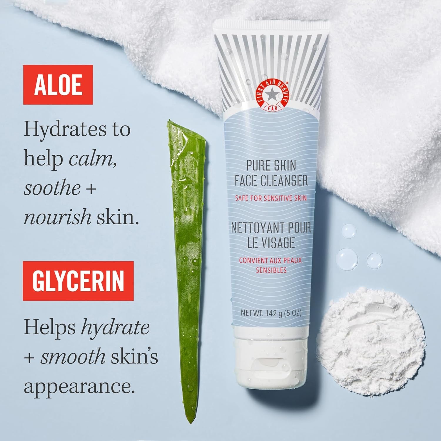 First Aid Beauty Pure Skin Face Cleanser, Sensitive Skin Cream Cleanser with Antioxidant Booster, 5 Oz.