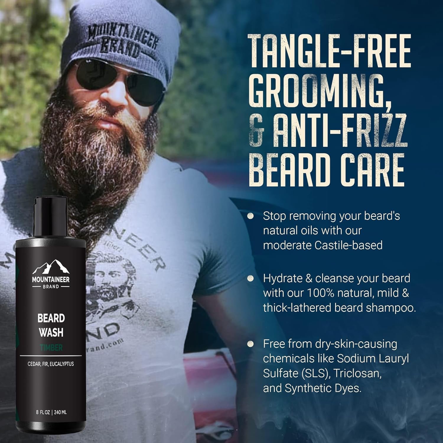 Mountaineer Brand Beard Wash for Men | 100% Natural Beard Shampoo | Thick Cleaning Softening Lather for Hair and Skin | Hydrate and Detangle | Grooming Treatment | Timber Scent 8Oz