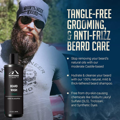 Mountaineer Brand Beard Wash for Men | 100% Natural Beard Shampoo | Thick Cleaning Softening Lather for Hair and Skin | Hydrate and Detangle | Grooming Treatment | Timber Scent 8Oz