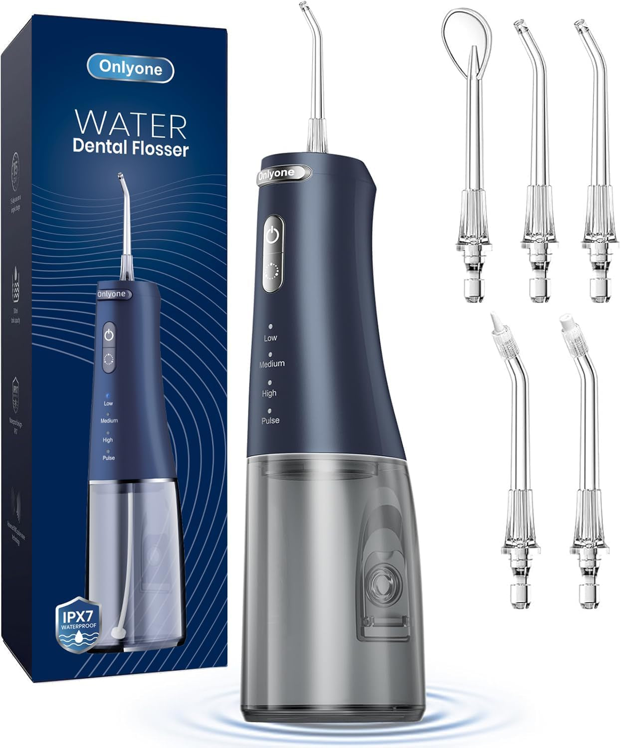 Onlyone rechargeable cordless water flosser with multiple tips for effective oral care and hygiene.