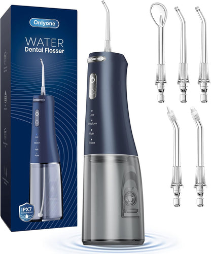 Onlyone rechargeable cordless water flosser with multiple tips for effective oral care and hygiene.