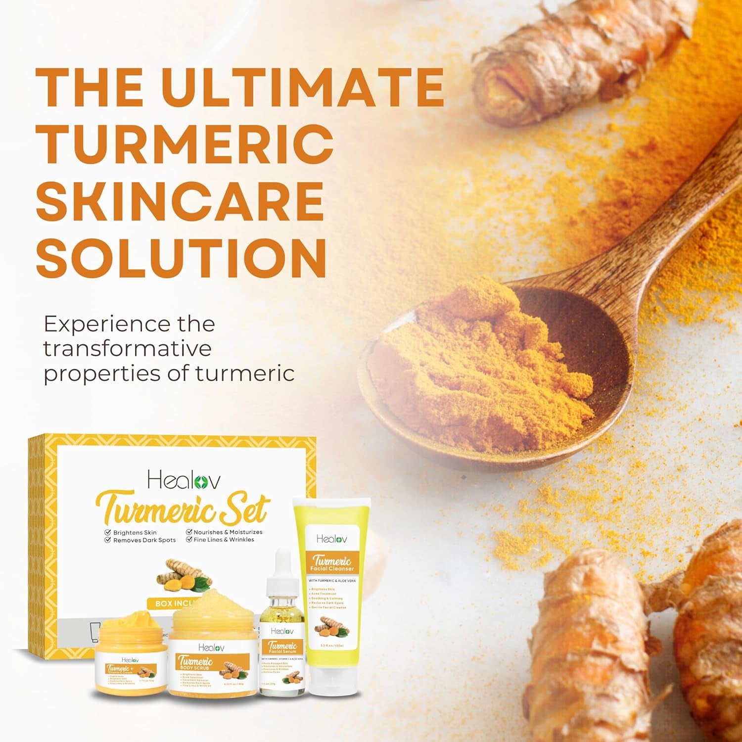 Turmeric Skincare Set – Turmeric Face Cleanser, Body Scrub, Cream &amp; Facial Serum – Skin Brightening Hyperpigmentation Treatment, Dark Spot Corrector – Skincare Kit for a Glowing Complexion