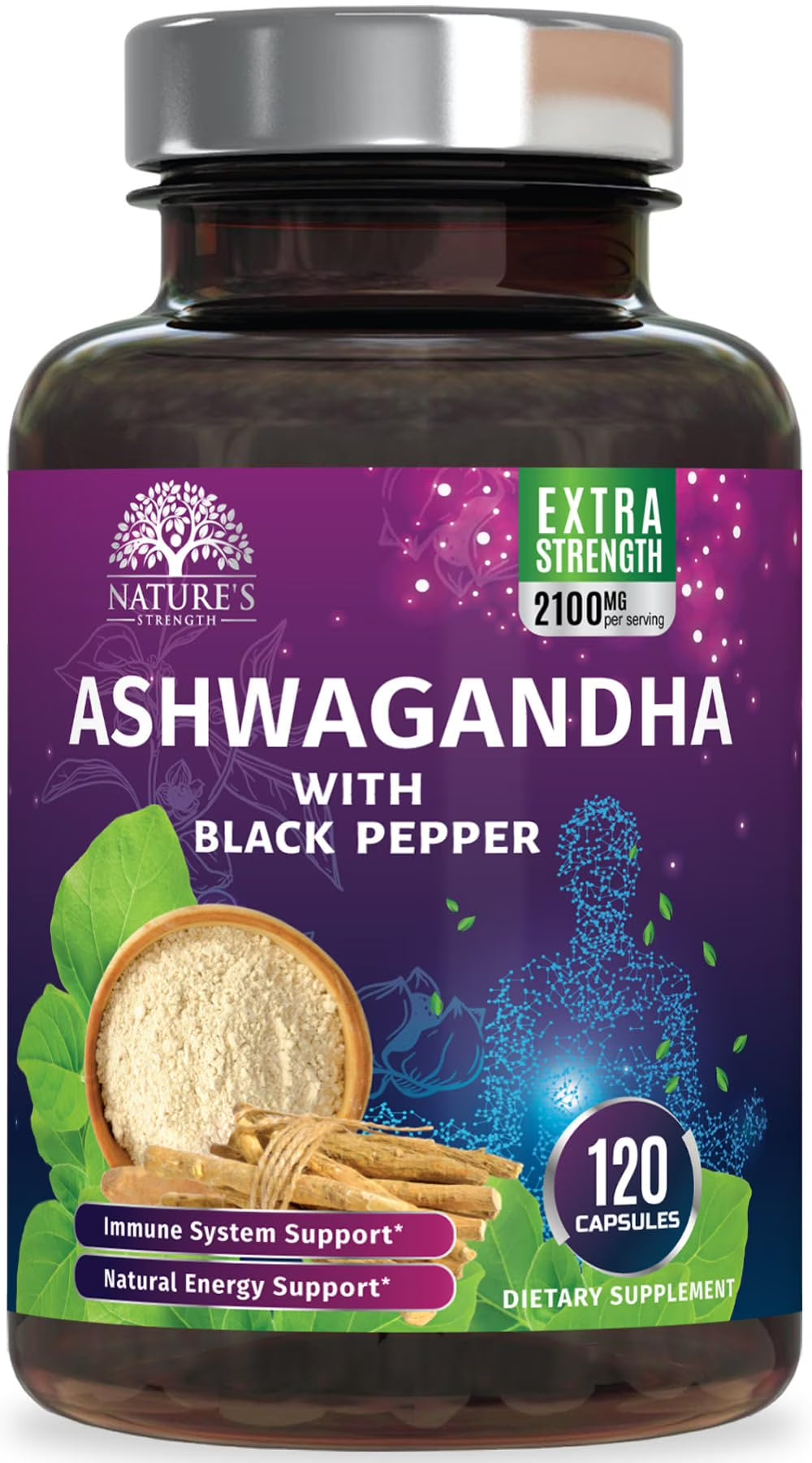 Ashwagandha Supplements - High-Absorption Ashwagandha Root Extract Powder with Black Pepper for Max Absorption - Herbal Supplement for Women &amp; Men, Vegan &amp; Gluten Free, Bottled in USA - 60 Capsules