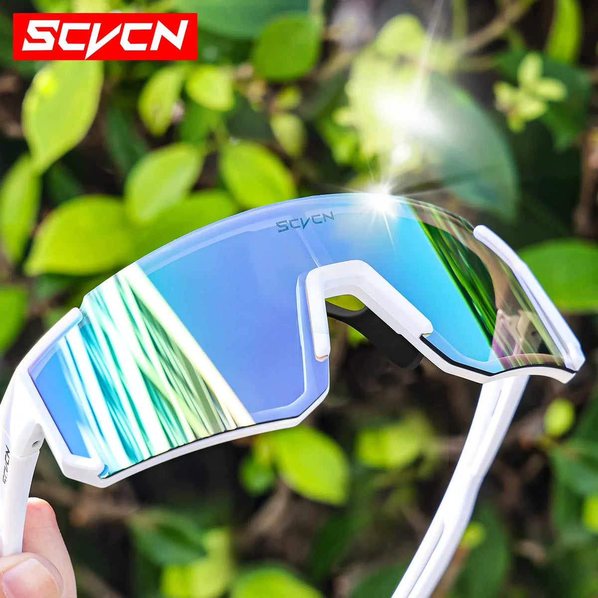 Hot Cycling Sunglasses UV400 Outdoor Sports with reflective lenses and white frame for outdoor activities.