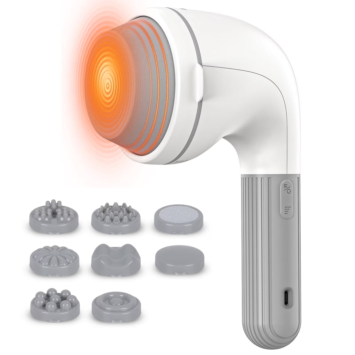 Cordless neck back massager with 8 interchangeable massage heads and heat function, lightweight and portable, in white.