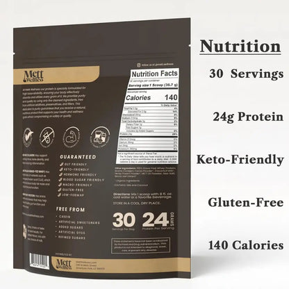 Mett Wellness Protein Powder | Dark Chocolate Grass-Fed Whey + Hemp Heart Protein | 24G Protein per Serving | 30 Servings