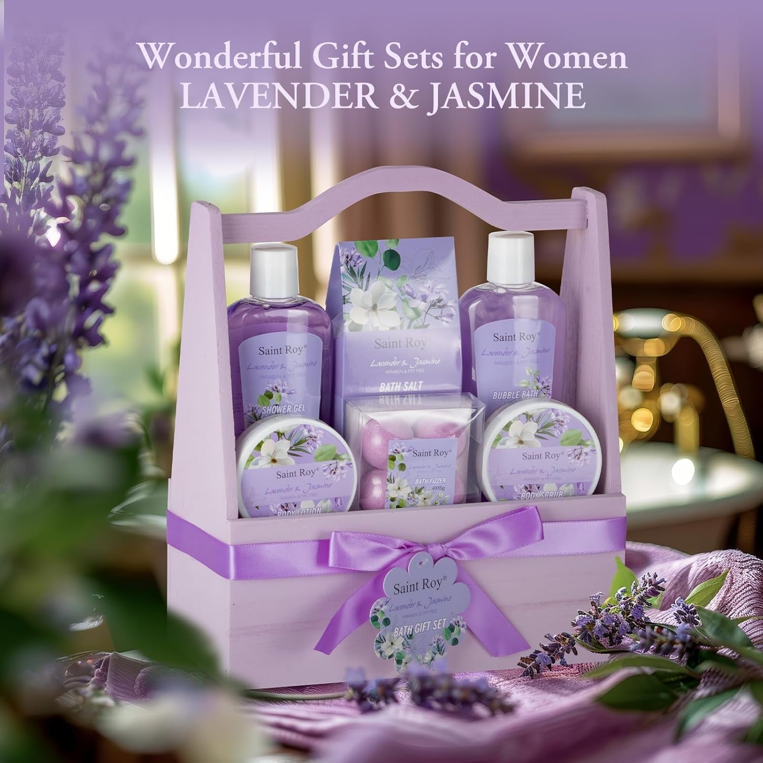 Bath and Body Gift Basket Set for Women - Jasmine Valentines Day Gifts for Women, Spa Gift Basket 13-Piece Bath Gift Set, Gift Set for Ladies Body &amp; Bath Gifts Set Lavender Gift Baskets for Mom