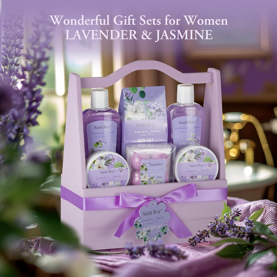 Bath and Body Gift Basket Set for Women - Jasmine Valentines Day Gifts for Women, Spa Gift Basket 13-Piece Bath Gift Set, Gift Set for Ladies Body & Bath Gifts Set Lavender Gift Baskets for Mom