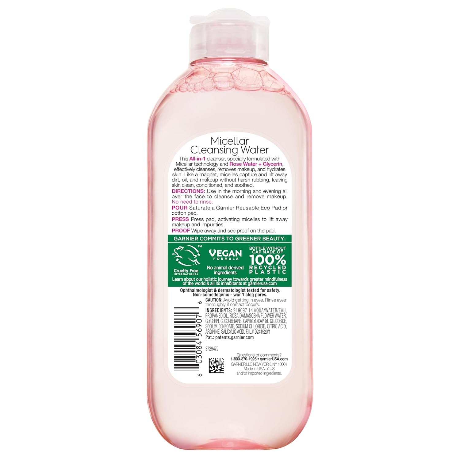 Micellar Water with Rose Water and Glycerin, Hydrating Facial Cleanser &amp; Makeup Remover, for All Skin Types, Vegan, Cruelty Free, 13.5 Fl Oz (400Ml), 1 Count