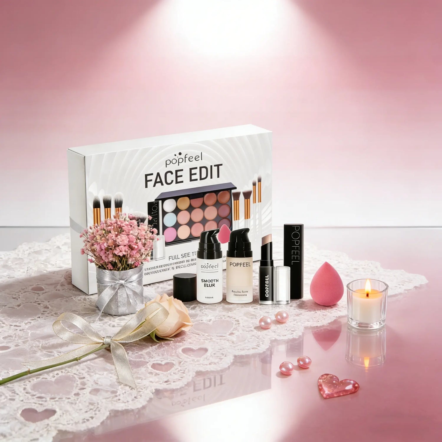 Popfeel Face Makeup Set 10-Piece Kit, Concealer &amp; Primer Cream, Complete Cosmetic Collection for Teen Girls, Includes Brushes, Daily Makeup Kit
