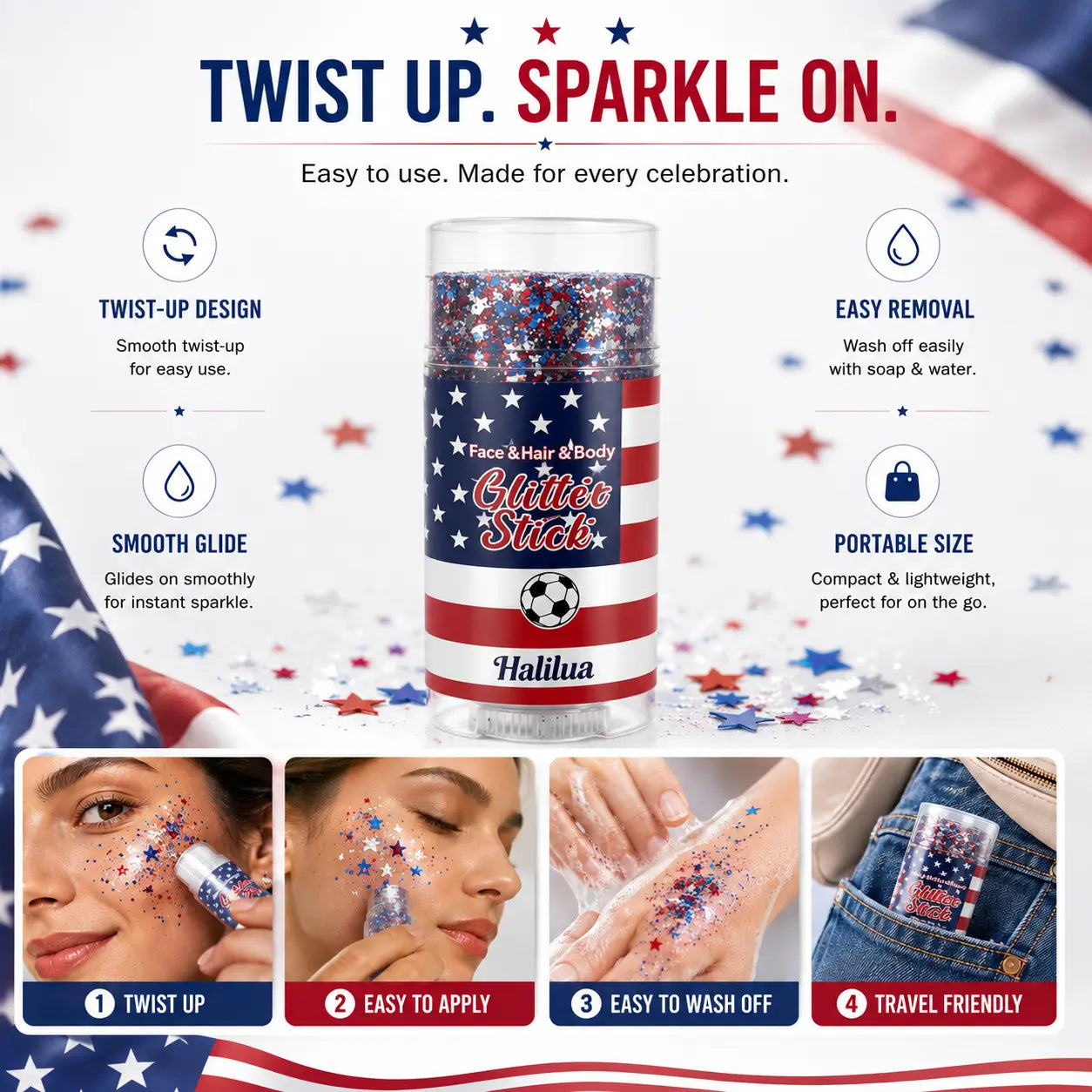 4Th of July Glitter Stick | Red, White &amp; Blue Body &amp; Hair Sparkle for Independence Day Party, Festival &amp; Fun Holiday Look