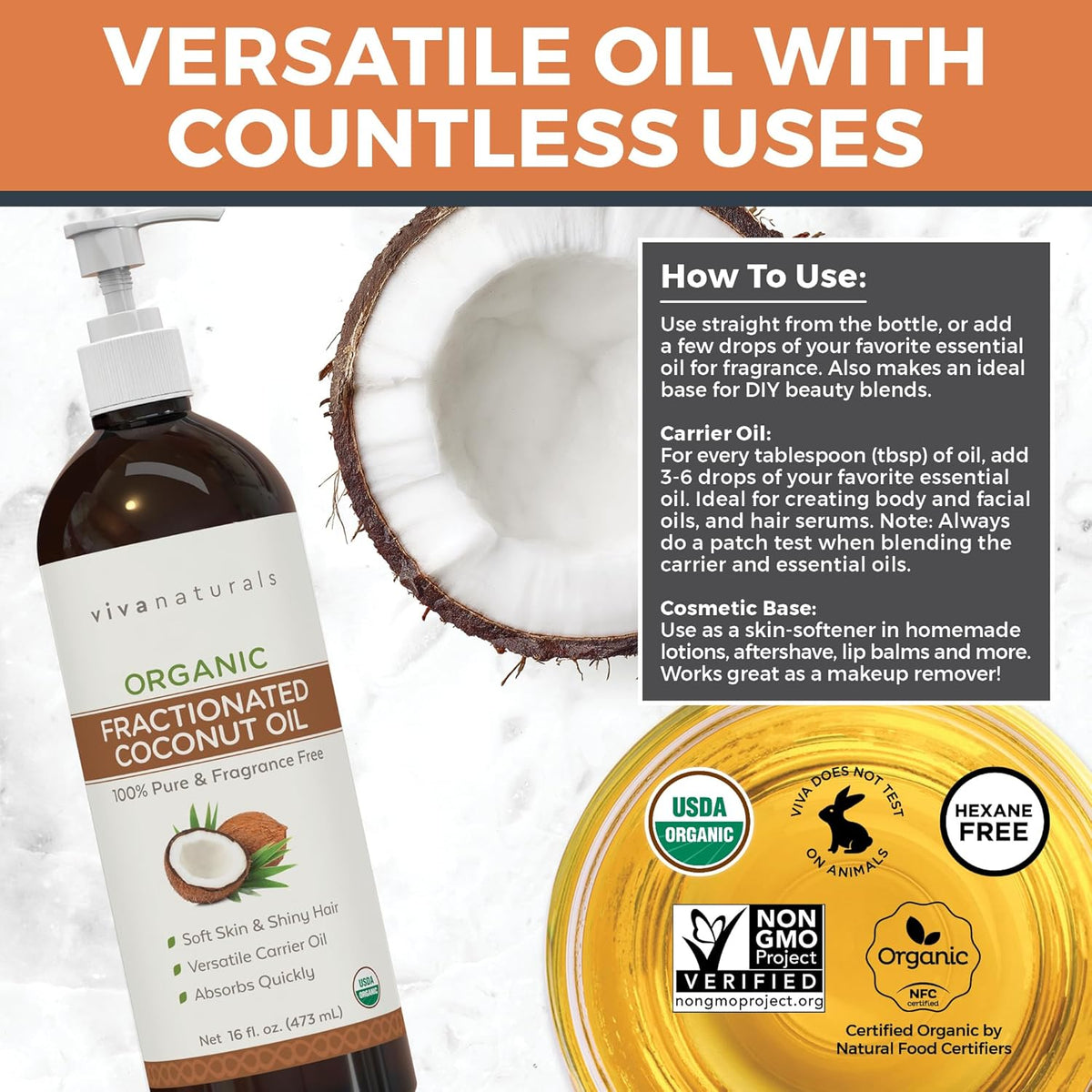 Viva Naturals Organic Fractionated Coconut Oil, 16 Fl Oz – Skin &amp; Hair Moisturizer, Massage Oil, Carrier Oil for Essential Oils