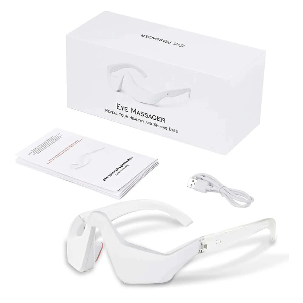 Eye Massager 3D Red Light EMS in white packaging, includes massager glasses and USB cable for eye fatigue relief.