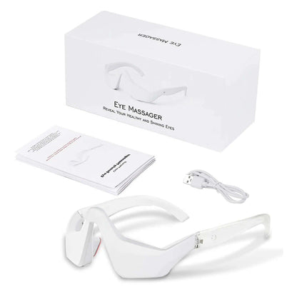 Eye Massager 3D Red Light EMS in white packaging, includes massager glasses and USB cable for eye fatigue relief.