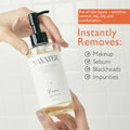 Makeup cleansing oil for blackheads in a clear bottle with a pump, removing makeup, sebum, and impurities.